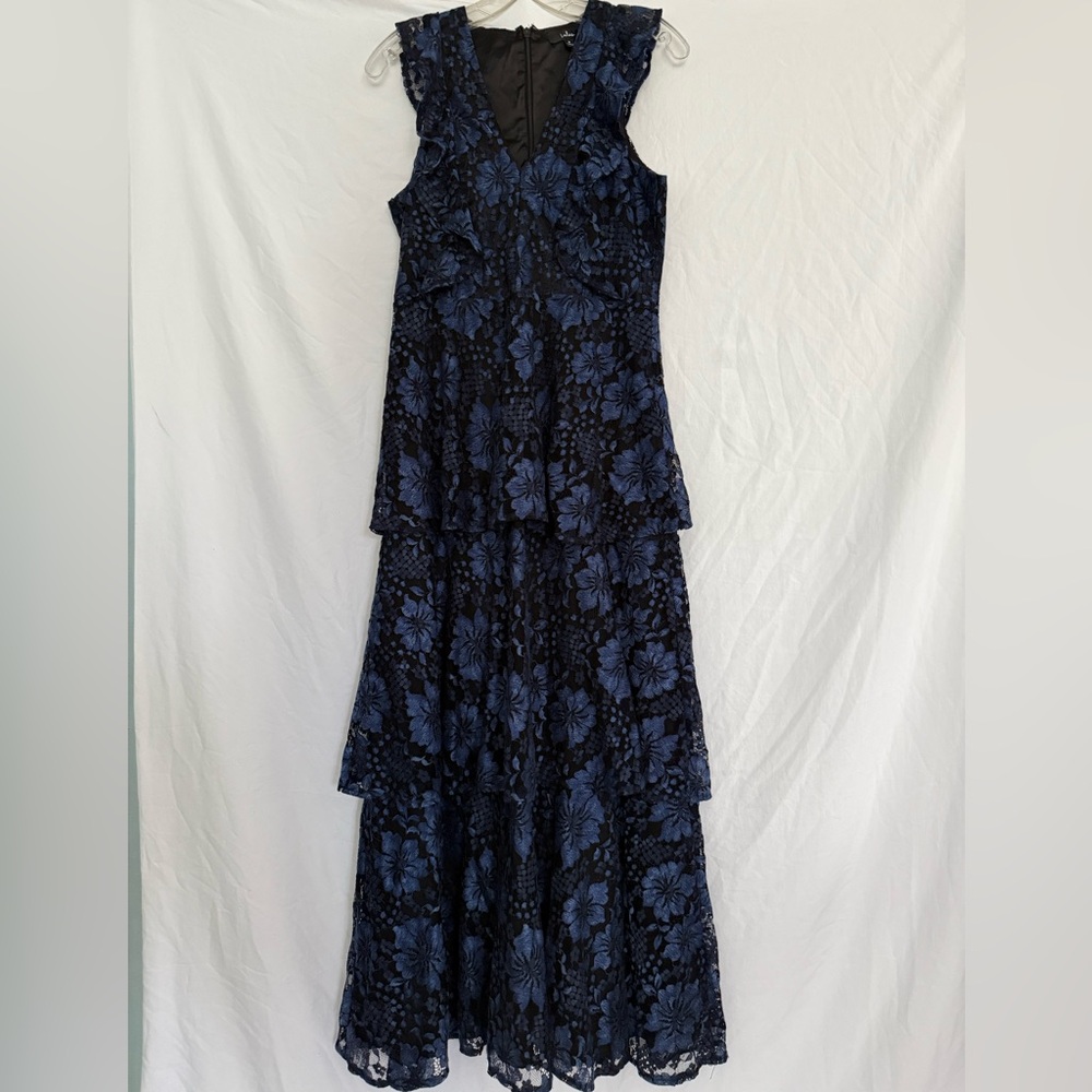 Lulu's Medium Lace Navy Floral Tiered Maxi Dress Blue